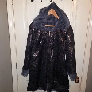 IMAN Women's Reversible Metallic Hooded Coat Faux Fur S.